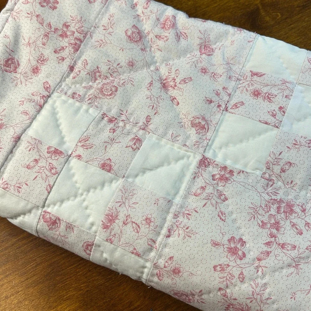 Hand Quilted Pink Floral White Irish Chain Baby Quilt